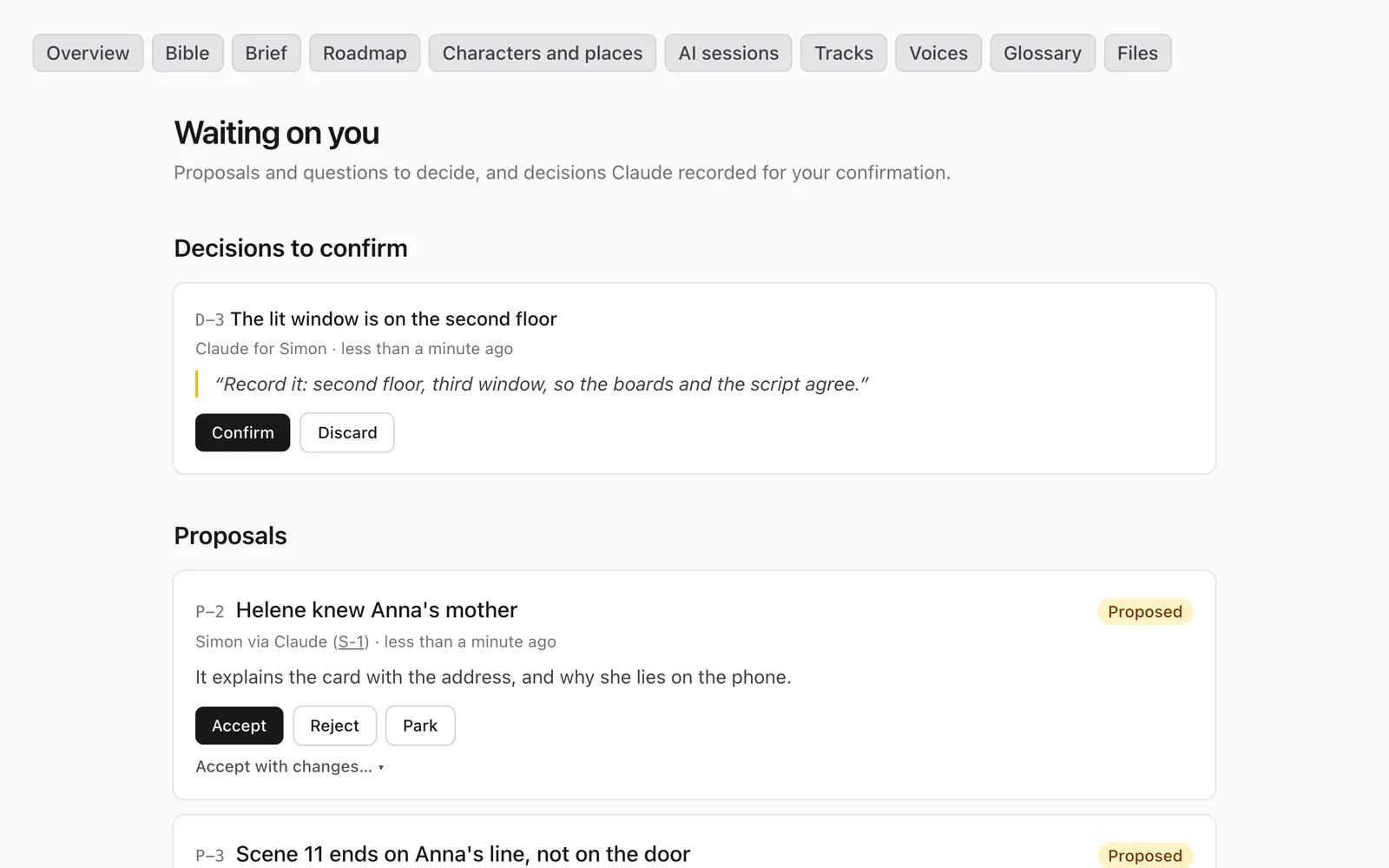 Screenshot: Story bible and decisions