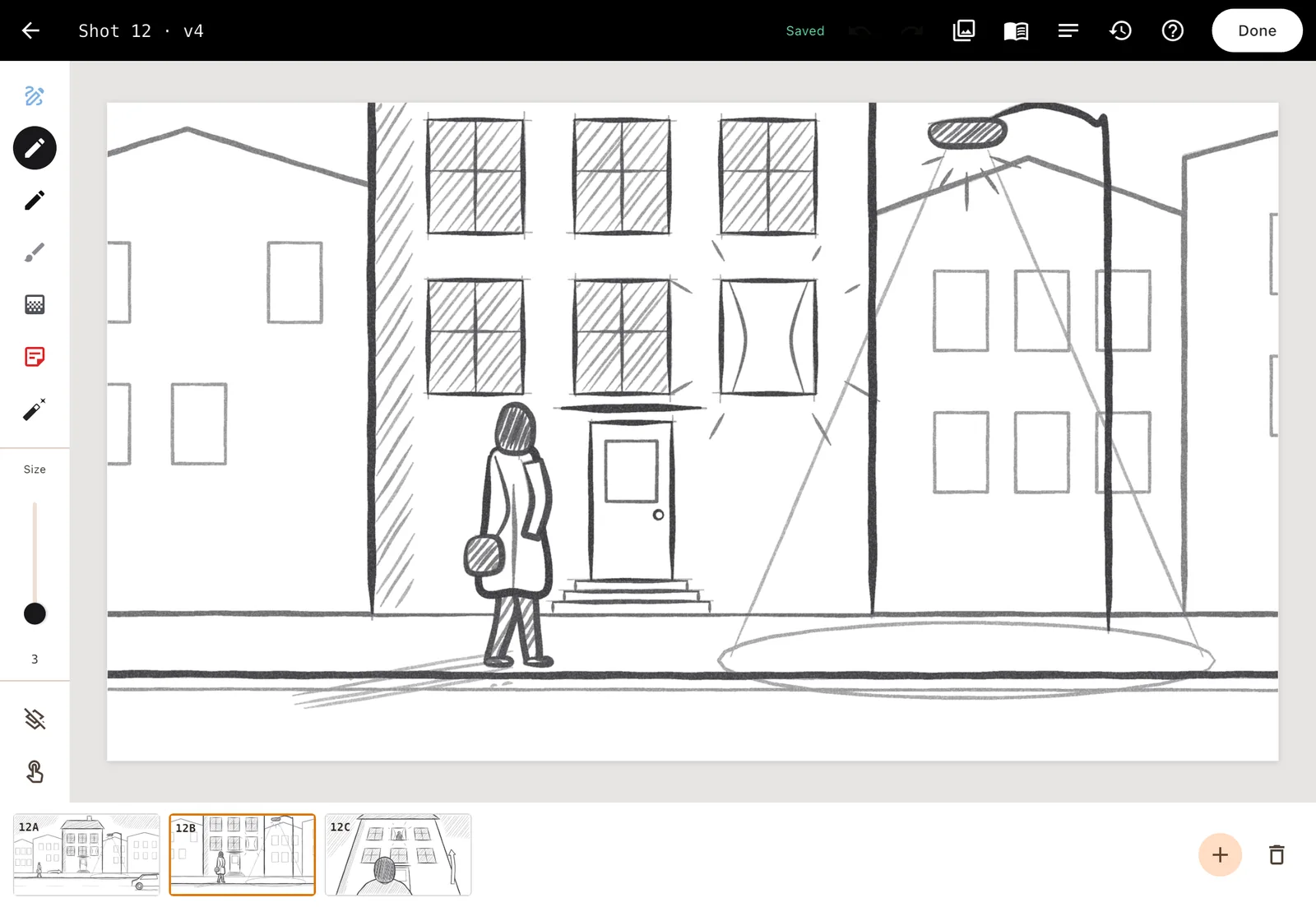 The Studio app on an iPad: a storyboard panel on the canvas, the brushes on the left and the shot’s three panels below.